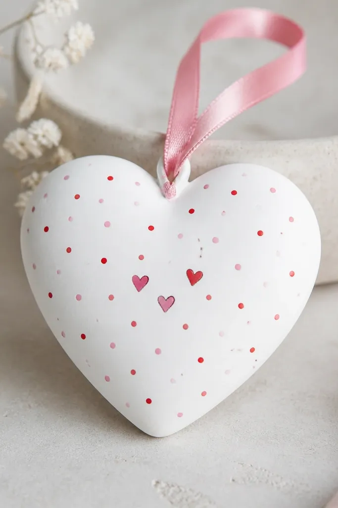 A heart-shaped ornament painted white with scattered tiny confetti dots in pink and red, plus a few small heart icons in the center. Matte finish; pink ribbon loop.