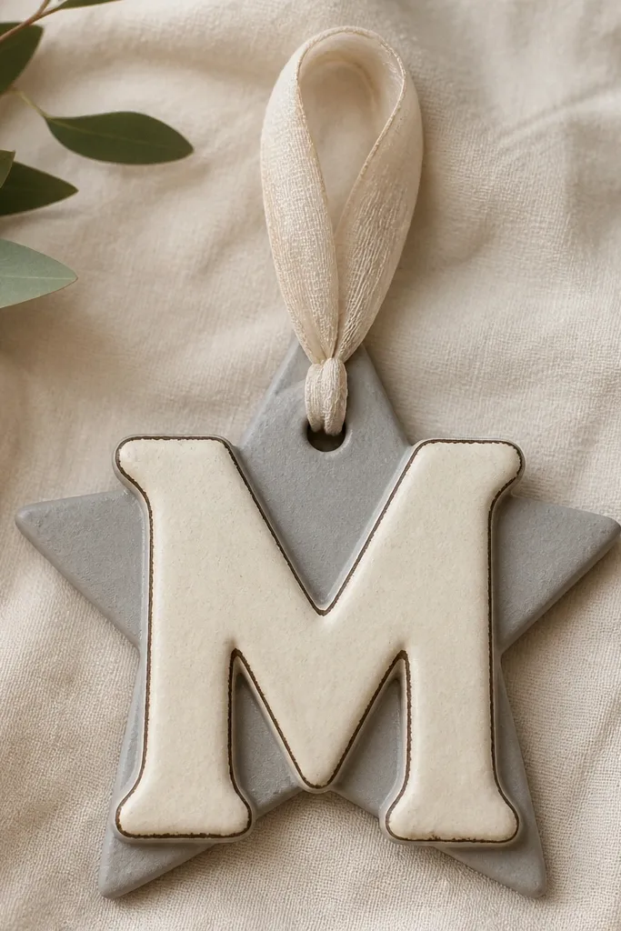 A large letter initial (like 'M') cut from salt dough, painted matte cream with a darker outline, mounted on a small star-shaped backer in grey. Ribbon loop at the top.