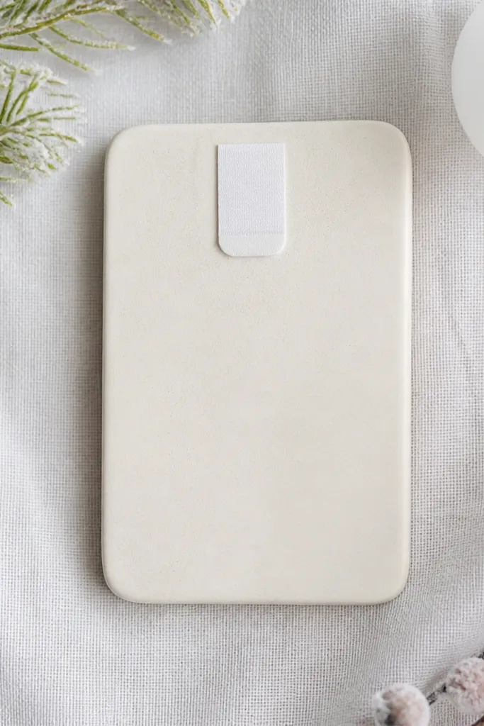 A flat rectangular salt dough ornament painted in soft gradients (light blue to white) with a smooth back shown, plus a small adhesive strip tab placed at the top center on the back side.