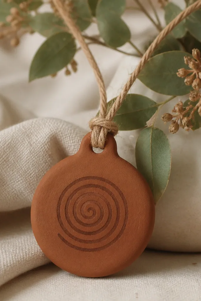 A small round ornament painted warm cinnamon brown with a darker spiral stamp pattern in the center, matte finish, tied with tan twine.