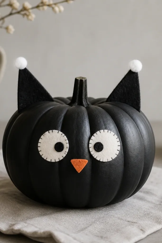 A matte black mini pumpkin with a felt cat face: triangular ears made from black felt, tiny white pom poms at the ear tips, stitched-looking eyes made from white felt circles, and a small orange felt nose.