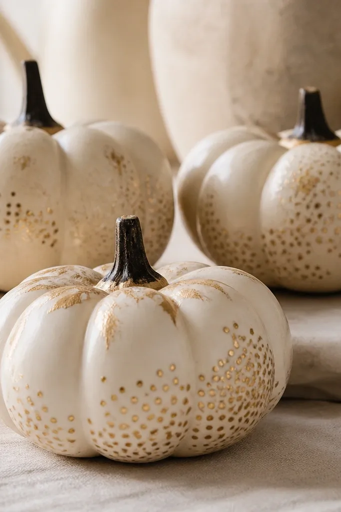 Cream-colored mini pumpkins with irregular gold dot clusters across the front, metallic gold paint speckled like leaf flecks, and a dark brown stem accent.