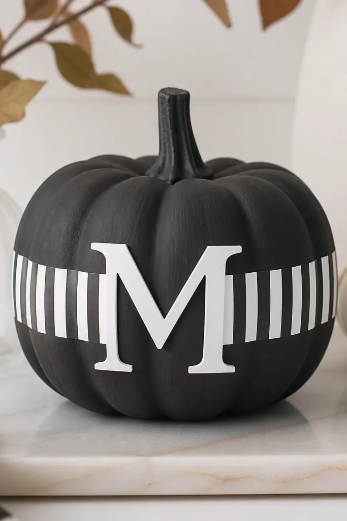 A mini pumpkin painted matte black with a vertical black-and-white stripe band around the middle, and a bold white vinyl letter initial centered on the front.