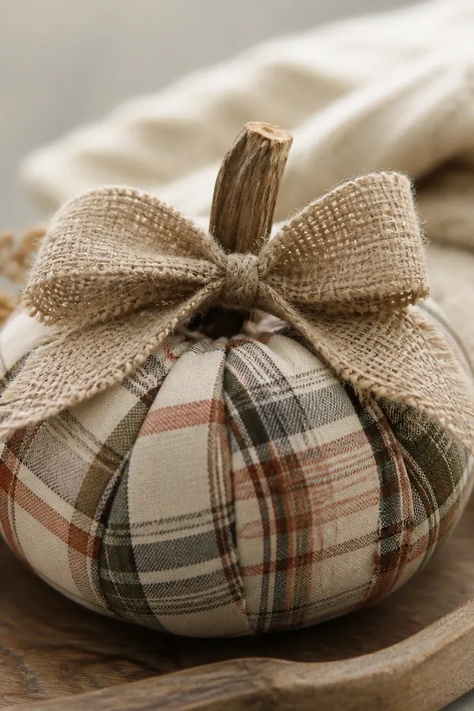 A mini pumpkin wrapped in muted plaid fabric strips, tied with a rough burlap bow at the top, with small frayed fabric ends visible near the sides.