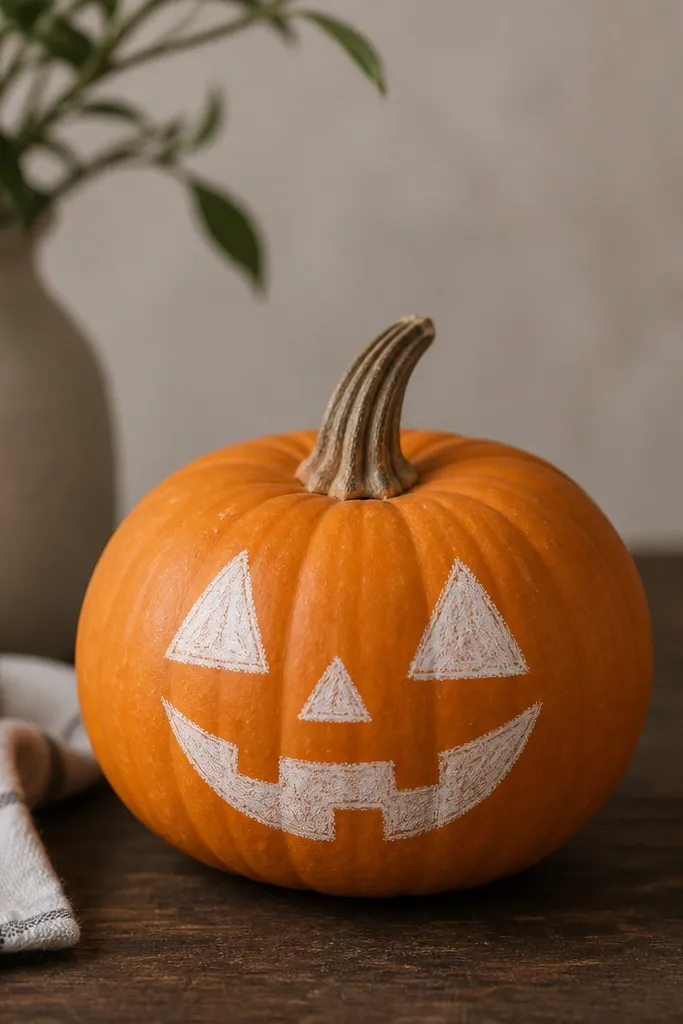 An orange mini pumpkin with a hand-drawn jack-o-lantern face in white chalk marker, clean triangle eyes and a small toothy grin, and a faint smudged chalk texture.