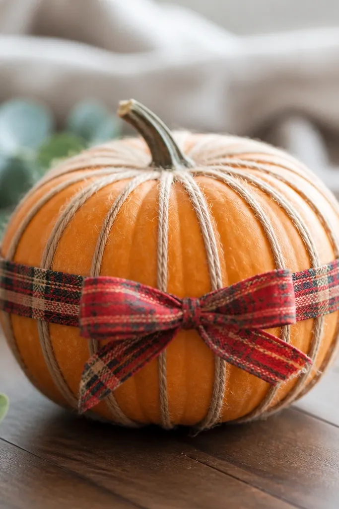 A mini pumpkin wrapped with tan twine in vertical lines, with a small red plaid ribbon tied around the center like a belt.