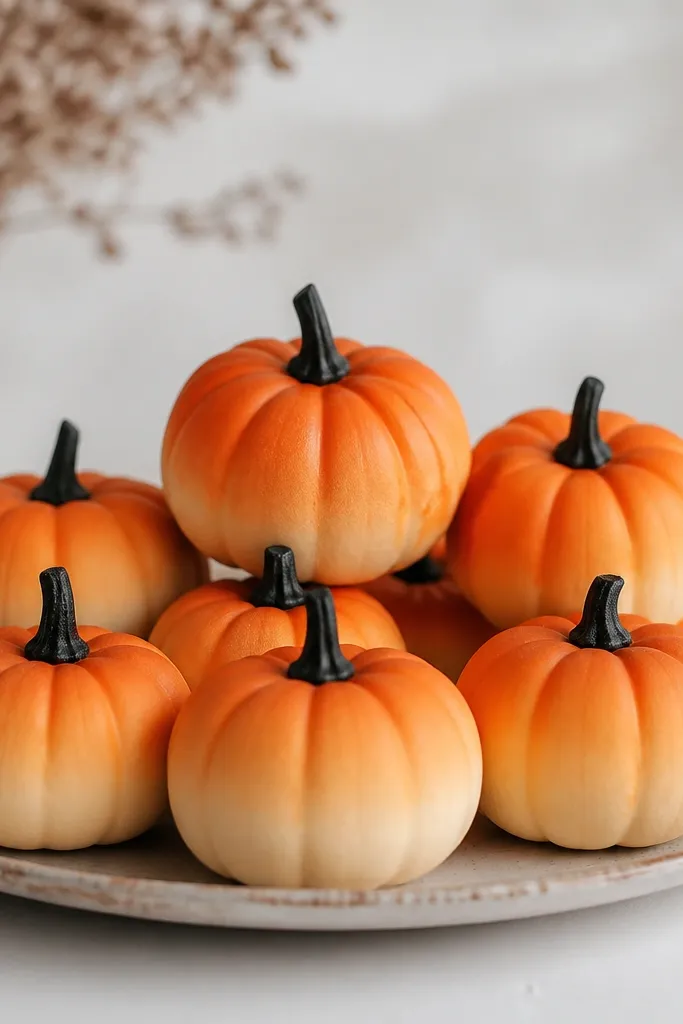 Mini pumpkins with a smooth ombre from deep orange at the top to pale cream at the bottom, finished with matte black paint on the stem area.