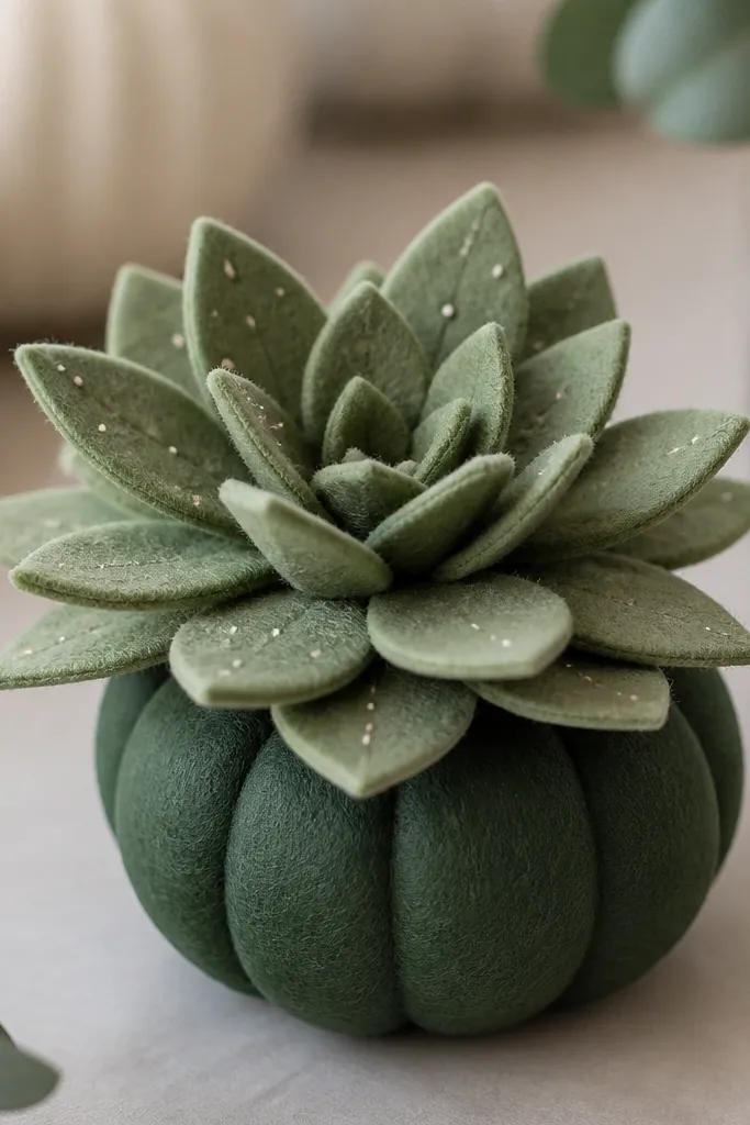 A mini pumpkin painted dark green with felt succulent leaves fanned out from the top, layered in rosettes, with tiny cream specks on the leaves.