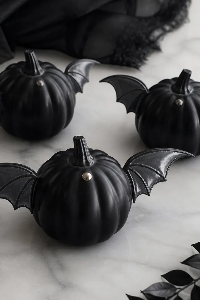 Black mini pumpkins with faux leather bat wing shapes on both sides, glossy black and dark gray wings, and a small silver dot near the top.