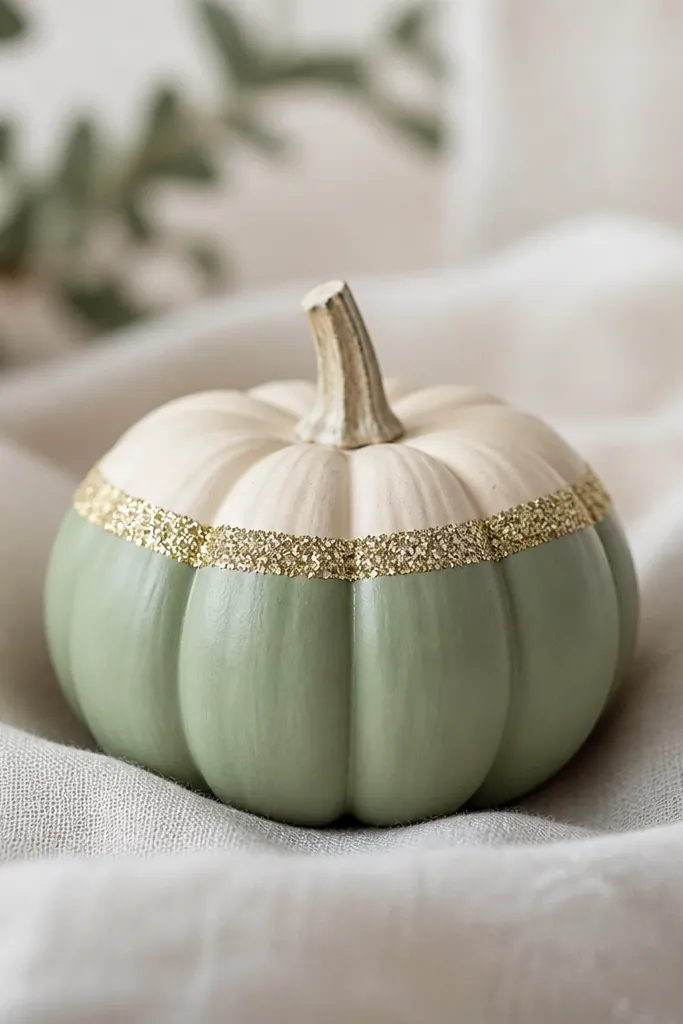 A mini pumpkin with a gold glitter glue band circling the top like a tiny witch hat brim, with the rest of the pumpkin painted a muted sage green.