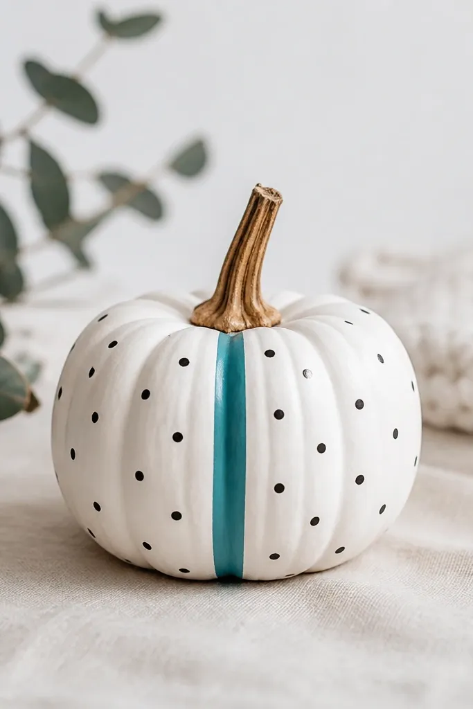A mini pumpkin in matte white with evenly spaced tiny black polka dots, plus one vertical teal stripe down the center, and a natural brown stem.