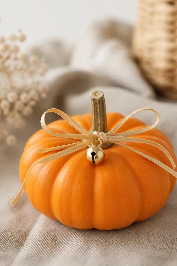 A mini pumpkin with a simple natural orange base, wrapped with thin tan ribbon around the stem area, topped with a small bow and a tiny gold bell charm hanging.