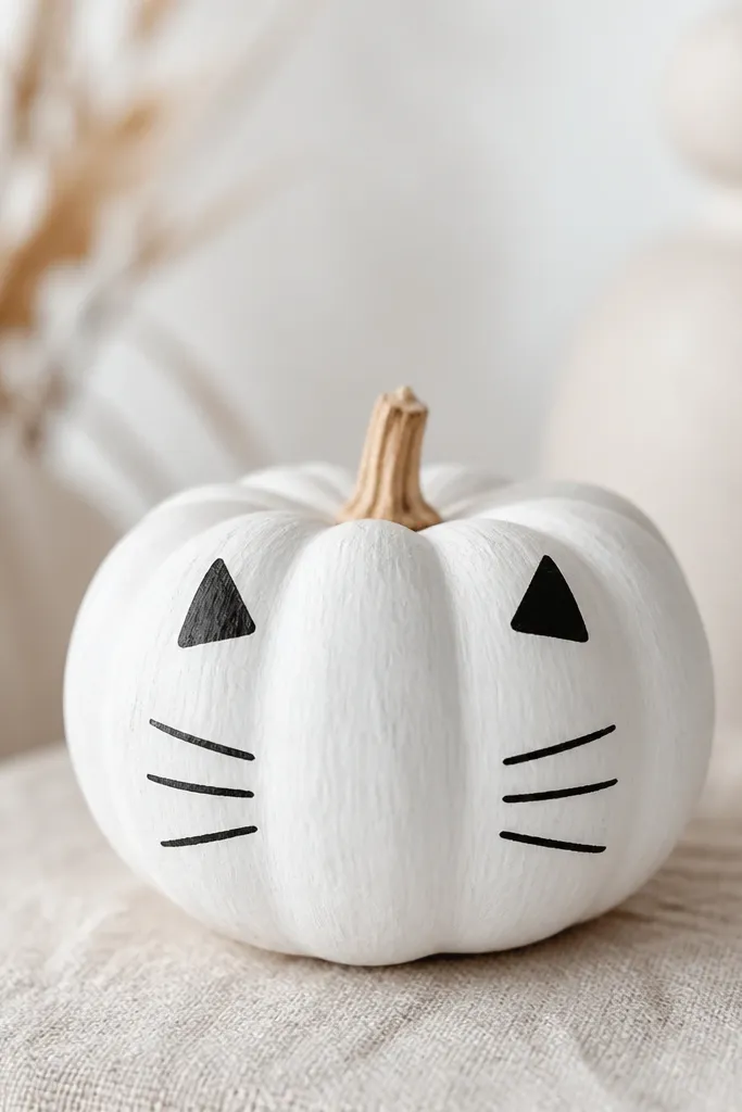 A mini pumpkin coated in white chalk paint, with simple black whisker lines on the sides and small black triangle ears drawn near the top.