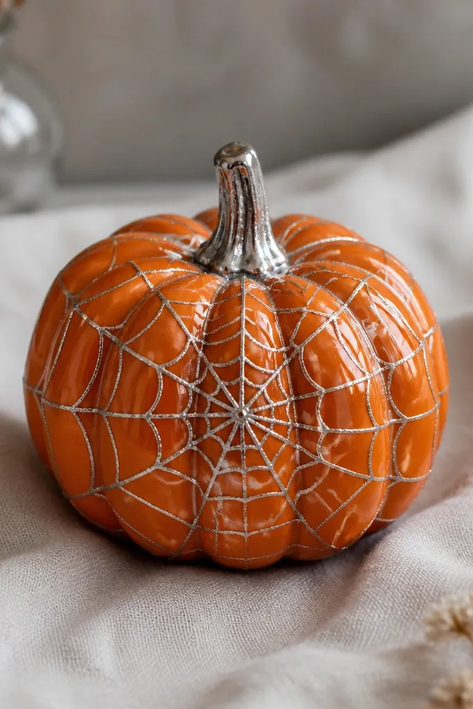 A mini pumpkin coated with glossy clear finish, with silver metallic spider web drawn in fine lines, radiating from a small center dot.