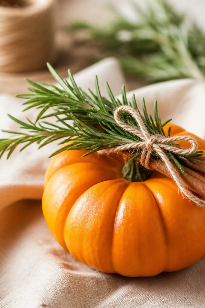 A mini pumpkin with a natural orange finish, topped with a small bundle of rosemary sprigs tied with twine, with a small cinnamon stick tucked alongside.