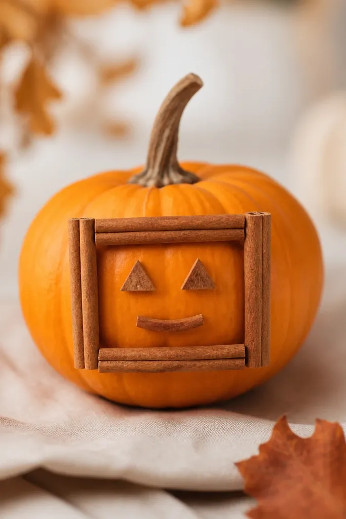 A mini pumpkin with a carved-looking frame made from cinnamon sticks glued in a rectangle, with two small cinnamon-stick triangles for eyes and a short stick smile.