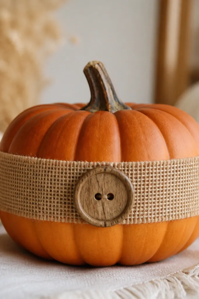 A mini pumpkin with a smooth ombre from dark rust to lighter orange, wrapped with a burlap collar around the middle and a round wooden button centered on the front.