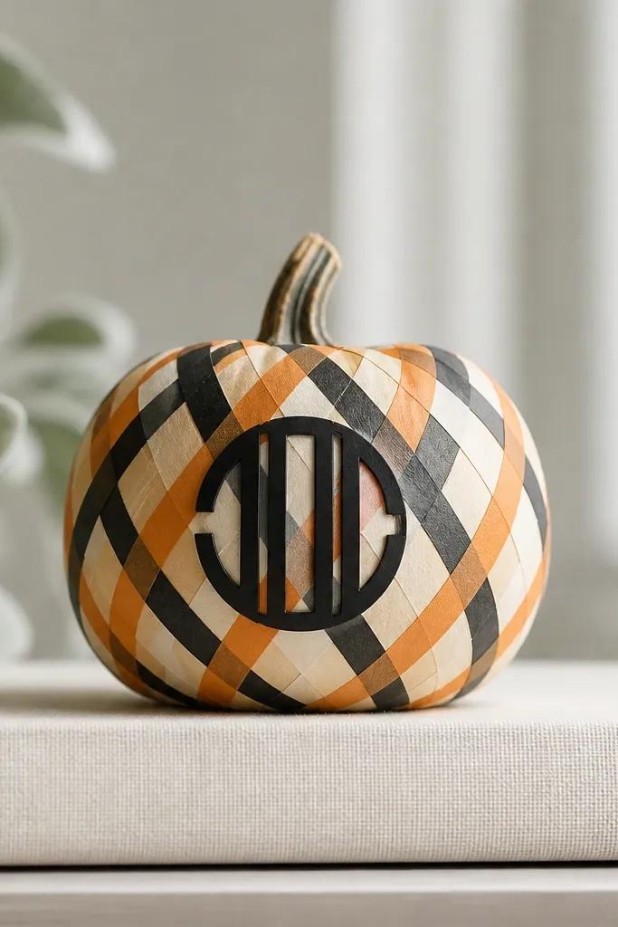 A mini pumpkin covered in a diagonal washi tape X pattern in orange, cream, and black, with a small vinyl monogram on the front.