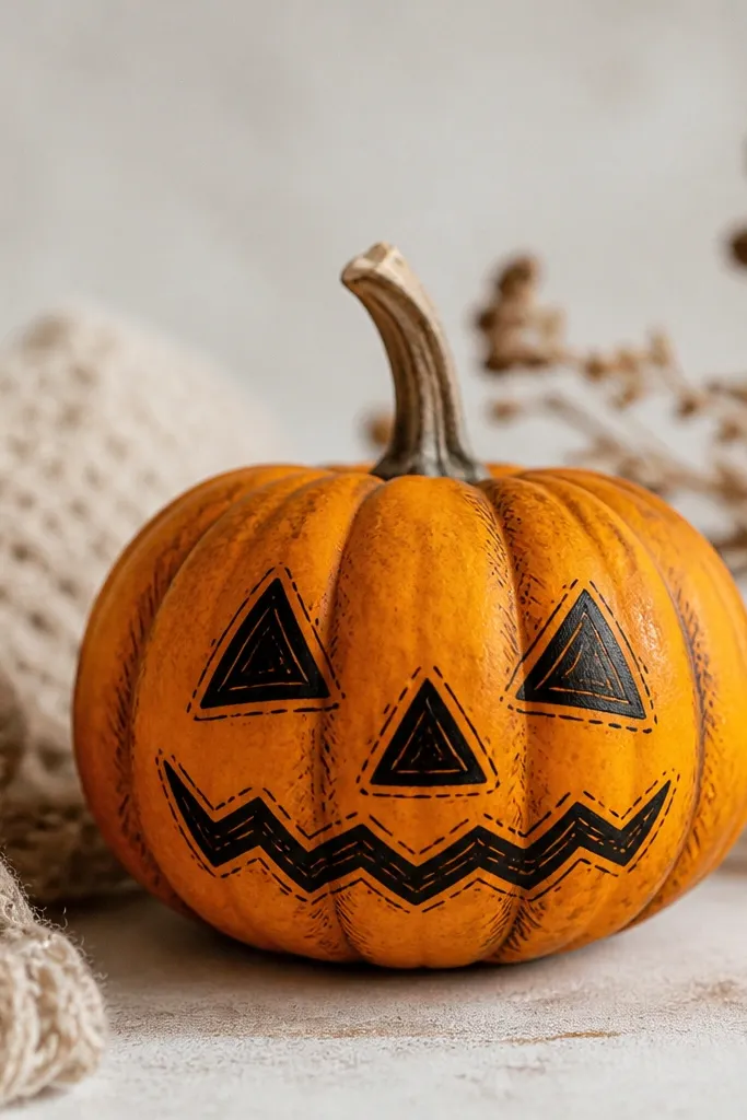 A mini pumpkin with a dark orange base and black paint pen lines that mimic carved shapes: triangle eyes, a wavy mouth, and small shaded "cuts" around each line.
