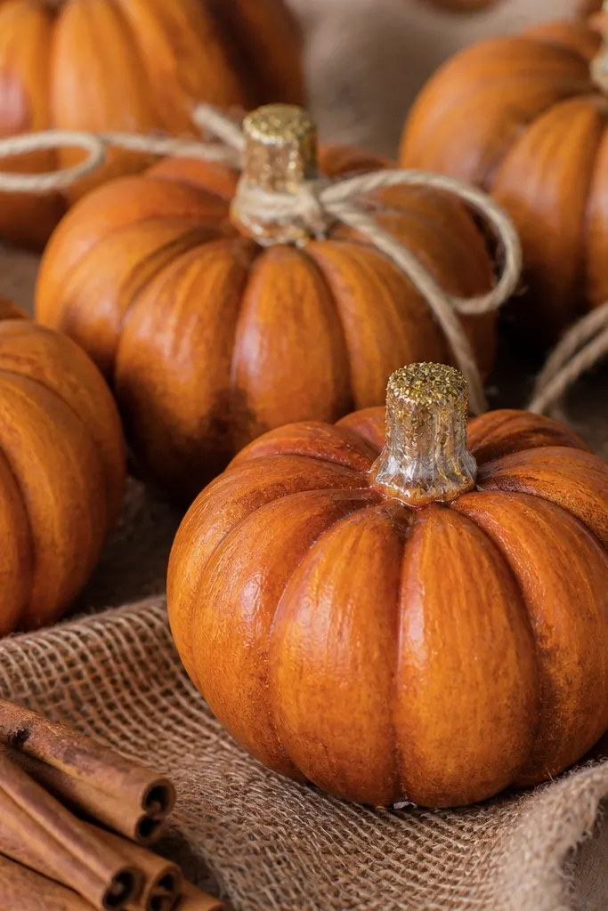 A cluster of small orange mini pumpkins with a warm cinnamon-brown stain that soaks into the ridges. The stems have tiny caps wrapped in clear tape and dusted with gold glitter, then pressed down so they look sealed. A few pumpkins sit on burlap with cinnamon sticks and a couple of twine loops around the stems.