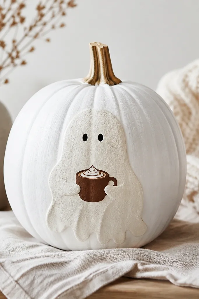 A white-painted pumpkin with a soft ghost outline, two black dot eyes, and a small brown coffee cup held in front. The ghost body has slightly uneven edges like foam, and the cup has a tiny cream swirl highlight.