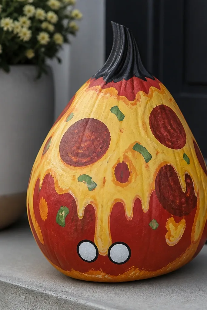 A pumpkin painted like a pepperoni pizza slice with red sauce, yellow cheese, green pepper flakes, and brown pepperoni circles. The tip has a small black mohawk shape and two bright white eye dots with black outlines.