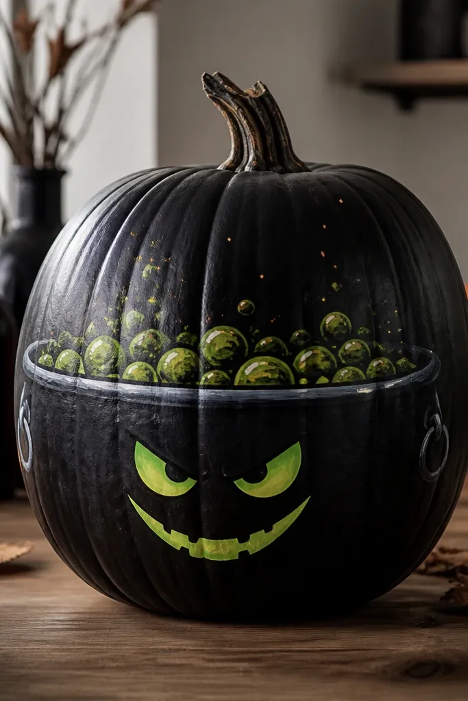A pumpkin painted black with a cauldron rim drawn around the middle. Inside the cauldron are green bubbling shapes and a face with angry eyebrows and a grin. Small orange highlights look like sparks rising.