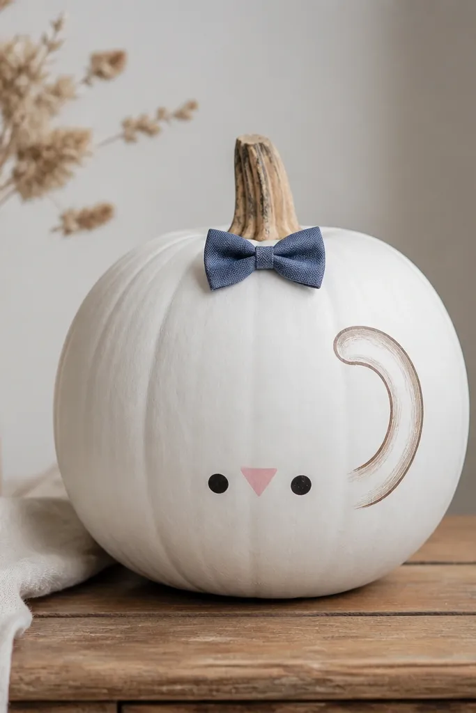 A white pumpkin with a simple cat butt design: two small black dots for cheeks, a pink triangle nose-like center, and a tail curve painted on the side. A tiny blue bow tie sits near the top.