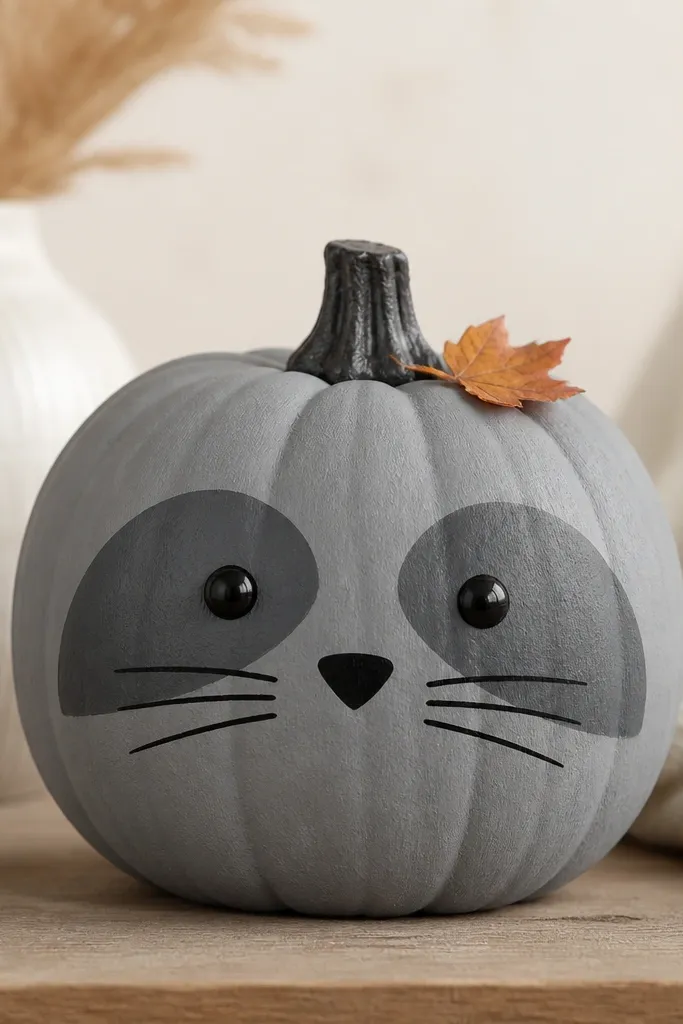 A gray pumpkin with darker gray mask patches around two black eyes. The nose is a small black triangle, and whisker lines extend to both sides. A tiny orange leaf sits by the stem.