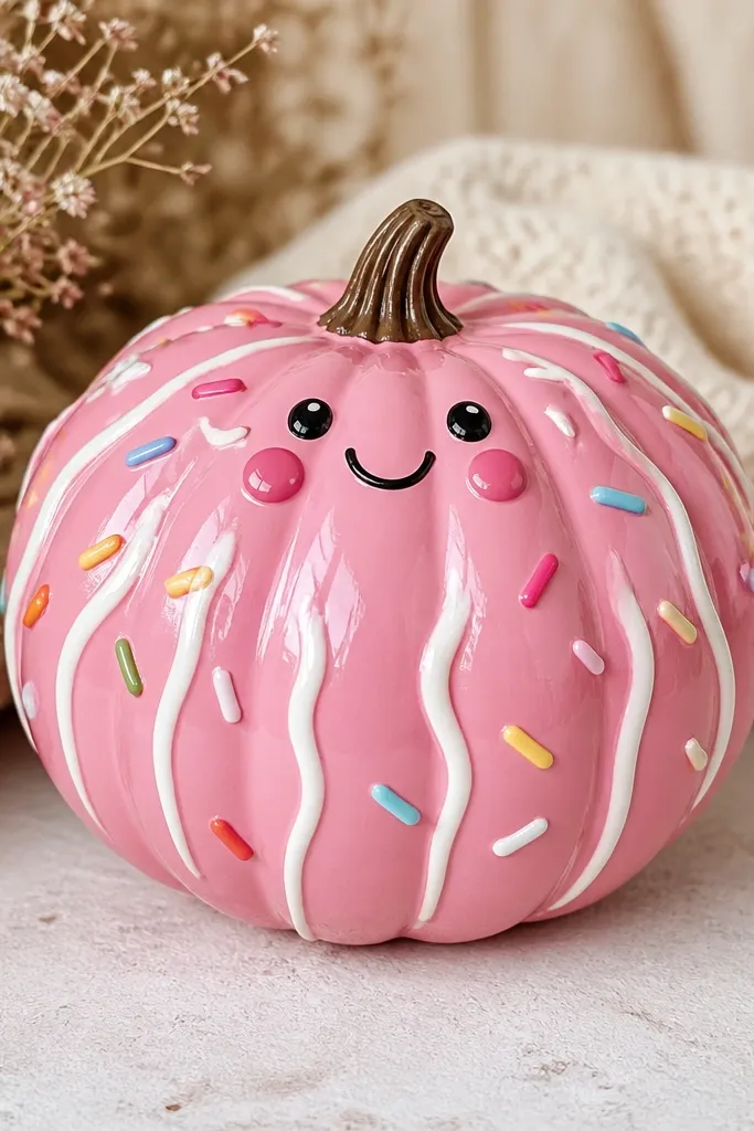A pumpkin painted in a glossy pink donut glaze look with white drizzle lines and colorful sprinkles. The top has a small face with rosy cheeks and a smile, like it's in donut mode.
