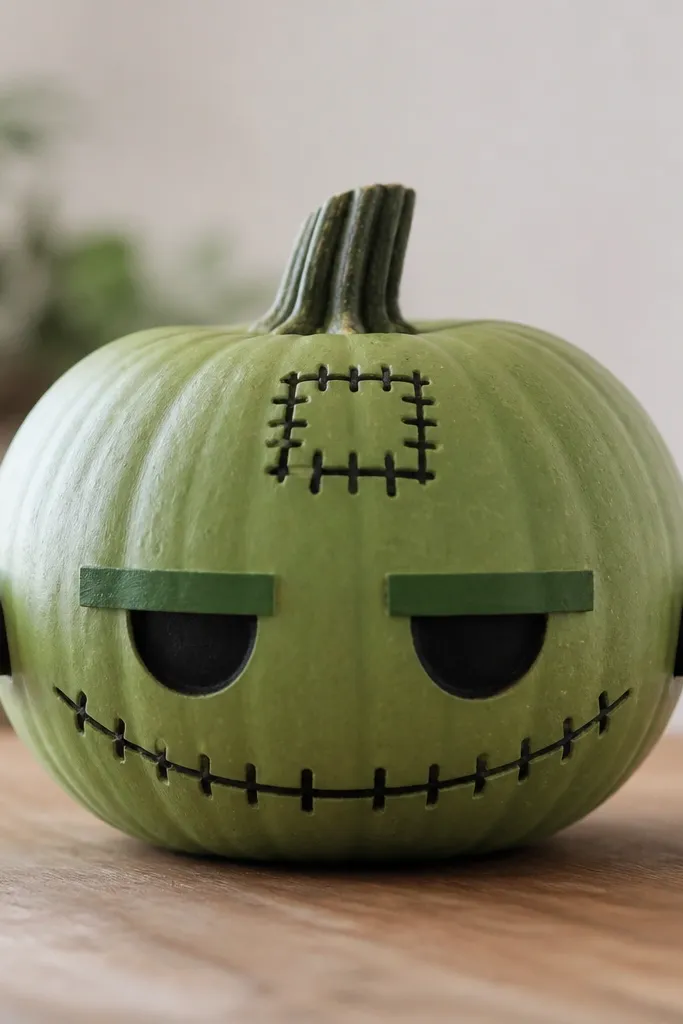 A green pumpkin with a stitched square pattern on the forehead and two black bolts on the sides. The face is stitched with a stitched mouth line and flat green eyebrows.