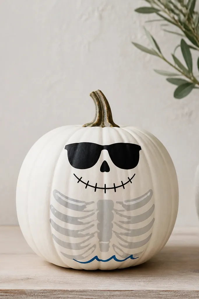 A white pumpkin with a simple skeleton ribcage pattern painted in light gray. The face has black sunglasses, a small nose, and a grin. A tiny blue wave line sits at the bottom.