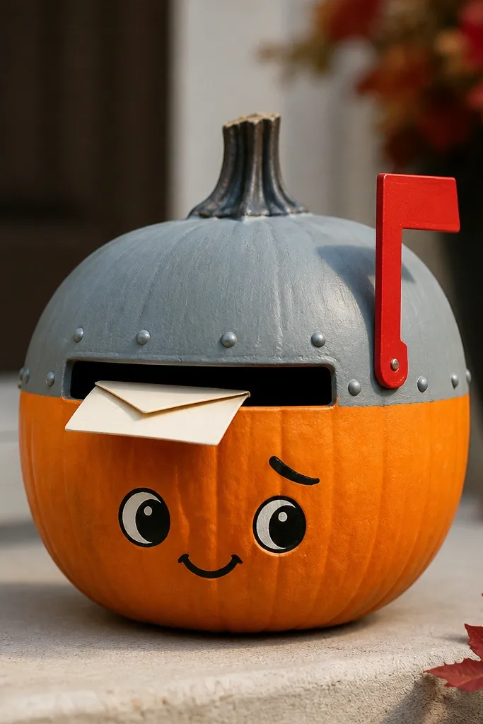 An orange pumpkin painted like a small mailbox: a gray metal top, a red flag, and a slot on the front. A tiny envelope shape sticks out, and there's a cute face with one eyebrow raised.