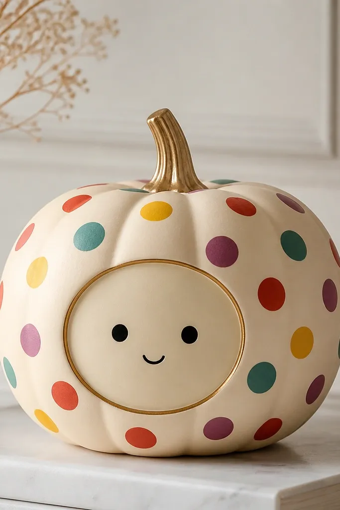 A cream pumpkin covered in evenly spaced multicolored polka dots - teal, red, yellow, and purple. The face is minimal: two black dot eyes and a small smile. There's a thin gold outline around the face area.