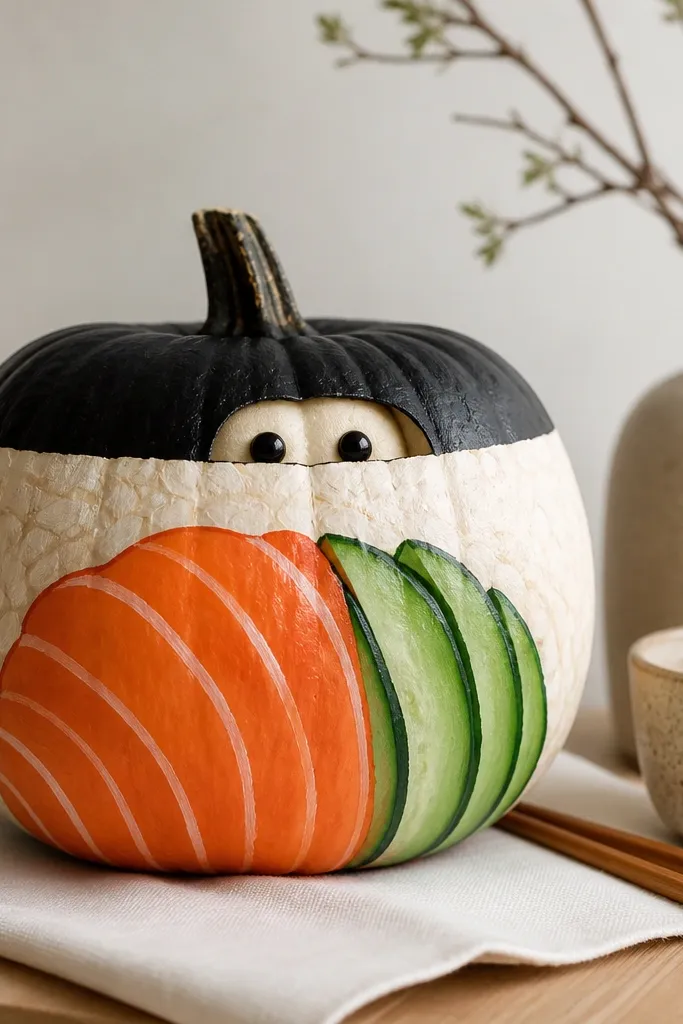 A pumpkin painted as a sushi roll with a dark seaweed band around the top and a beige rice layer. Orange salmon slices and green cucumber stripes sit across the front. Two tiny eyes peek over the roll edge.