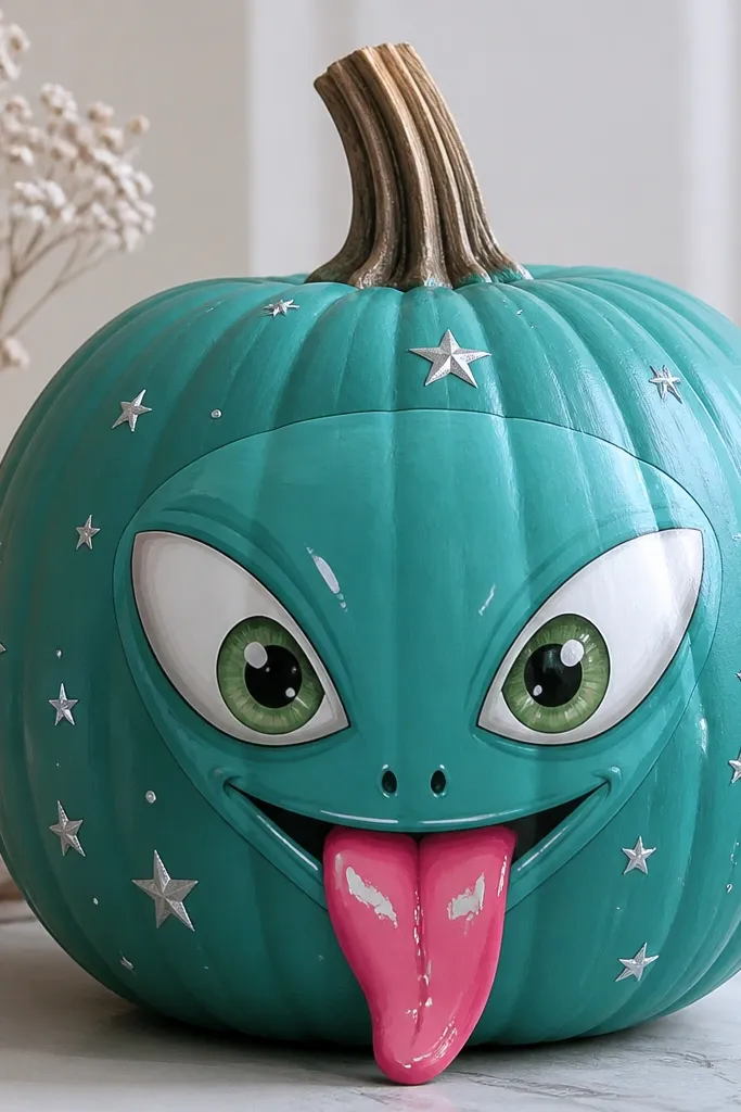 A teal pumpkin with a big alien head face: large white eyes with green pupils. A bright pink tongue hangs down with a glossy slime shine. Small silver stars are scattered around.