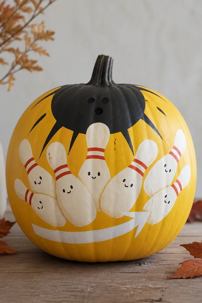 A pumpkin painted yellow with a black bowling ball effect at the top and a bowling pin face. The pins have small red stripes and a tiny smile. A white curved arrow line suggests a strike.