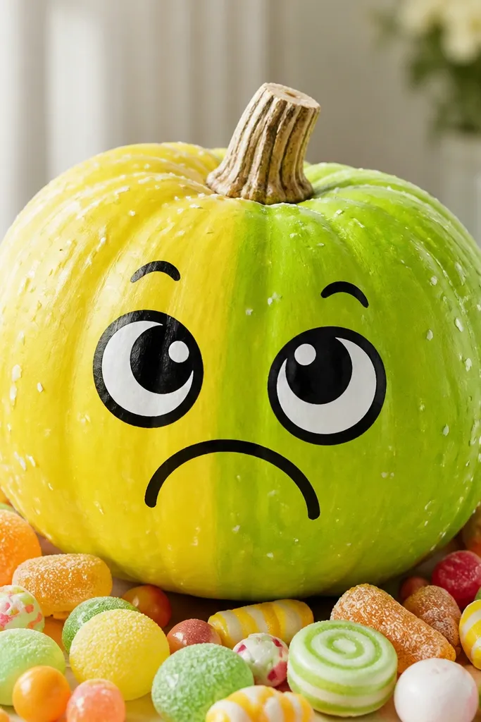 A pumpkin painted in two-tone lemon yellow and lime green with a candy border. The face is a playful frown with big eyes outlined in black. Small white sugar dust dots cover the surface.