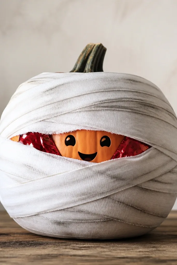 A pumpkin wrapped in white mummy bandages with gray shadow lines. On the front, a small "torn" opening shows a red candy wrapper and a smiling face peeking through.