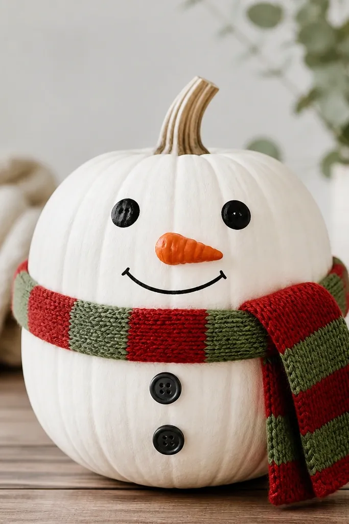 A white pumpkin with a snowman face: coal-like eyes, an orange carrot nose, and a small smile. There's a red-and-green striped scarf wrapped around the top half and two tiny buttons.