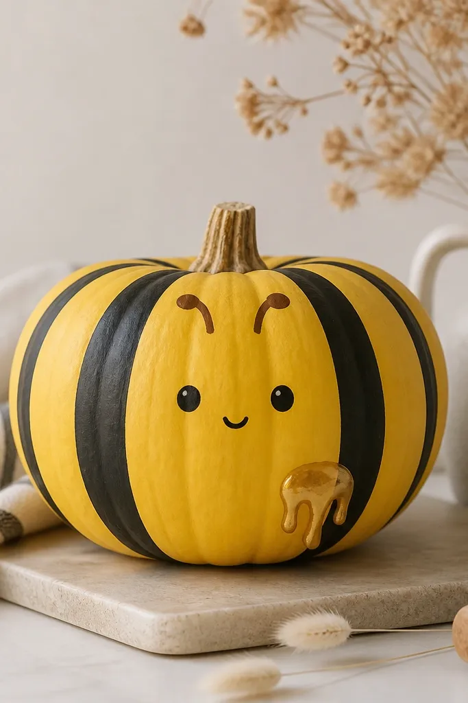 A yellow pumpkin with bold black stripes down the front. The face has two small black dot eyes and a tiny smiling mouth, with small brown antenna lines. A small golden honey drip shape sits near the bottom.