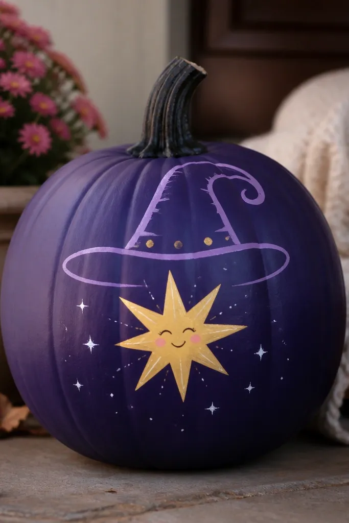 A deep purple pumpkin with a painted wizard hat outline around the top. There's a smiling starburst in yellow with little face features. Tiny white sparkles float around the star.