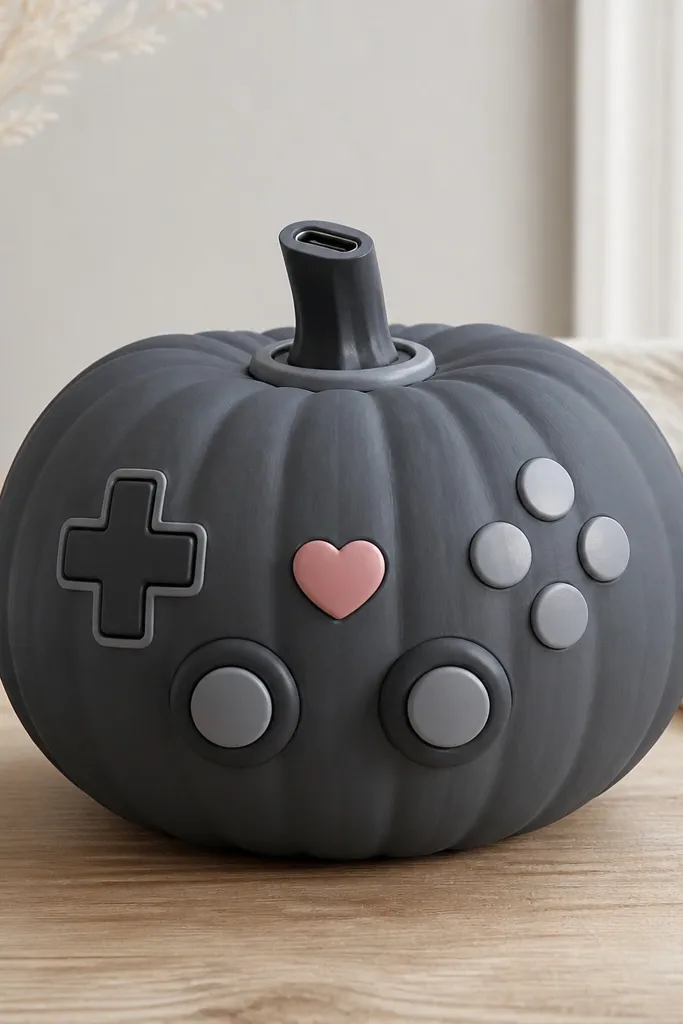 A pumpkin painted in dark gray with lighter gray buttons. There are two small joystick circles, an outlined directional pad, and a pink heart-shaped button in the center. The stem area looks like a charging port.