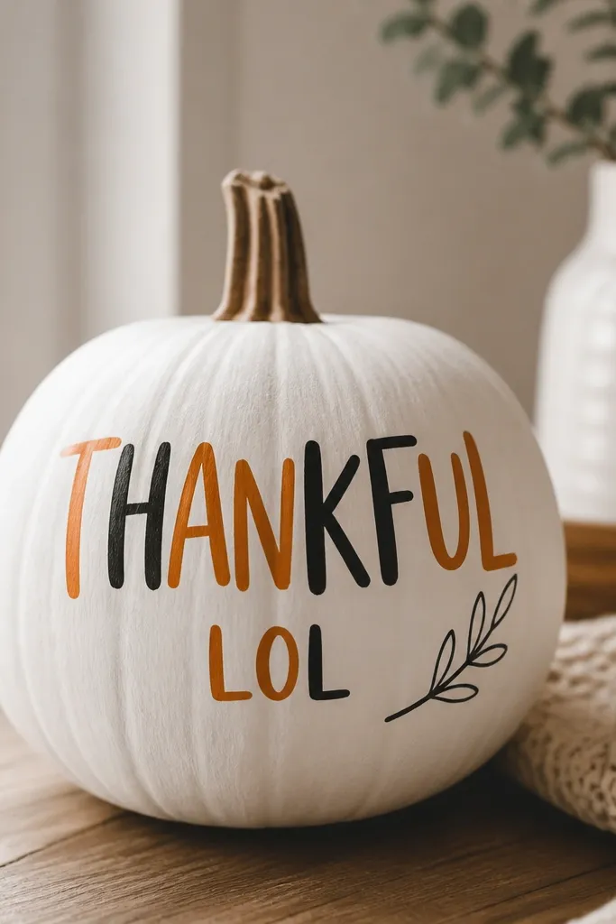 A pumpkin painted white with hand-lettered words "THANKFUL" and a smaller "LOL" below it. The letters are in orange and black with playful uneven strokes. A small doodle leaf sits on the side.