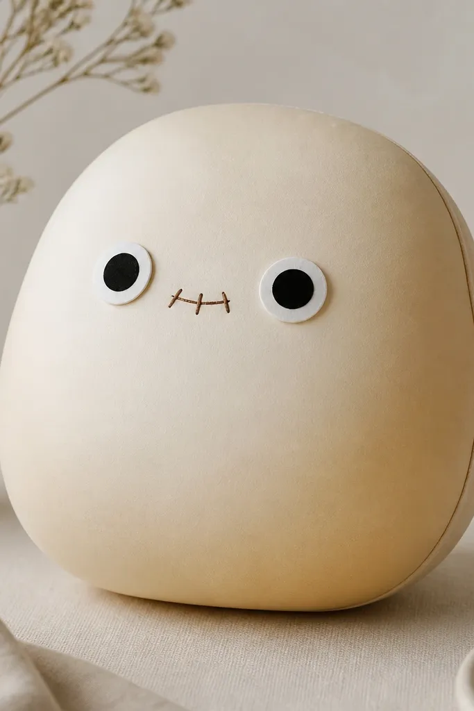 A cream-colored paper squishy shaped like a rounded belly with a soft gradient from warm cream to pale beige. The front has a tiny stitched mouth drawn in brown ink and two large black eyes on slightly raised white circles. The edges look smooth and slightly rounded, with a visible inner seam line on the side.