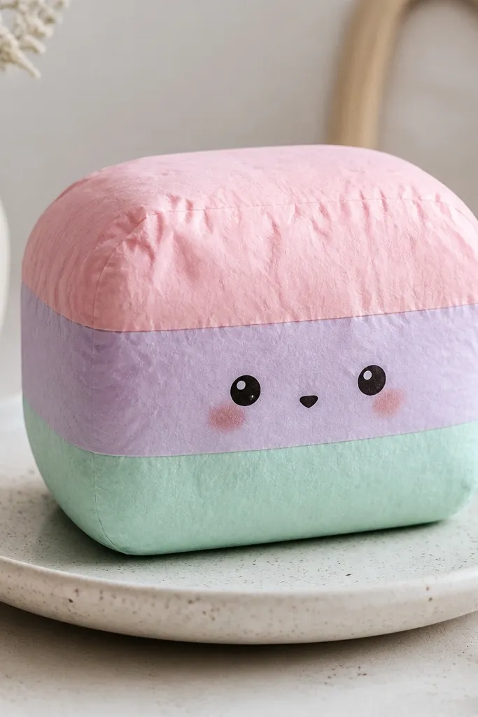 A pastel rainbow paper squishy shaped like a small loaf. The body has three horizontal bands in pink, lavender, and mint, with the seam slightly off-center. The face is simple: two glossy-looking printed eyes and a tiny triangle nose, plus a small blush on the cheeks.