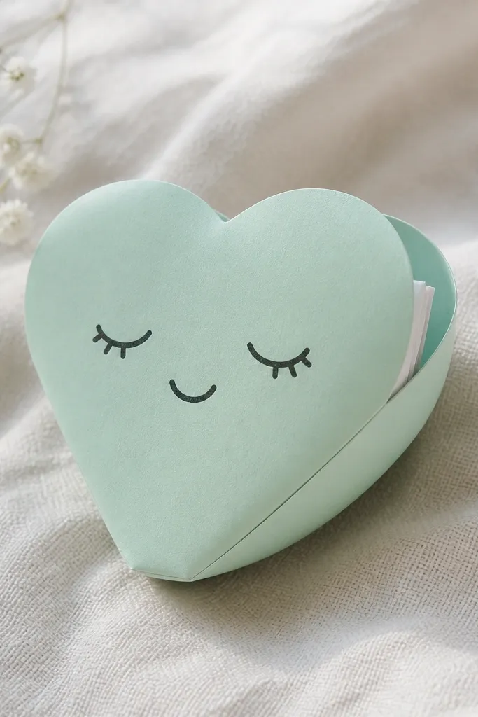 A mint-green paper squishy in the shape of a heart with rounded corners. The front has a cute face with sleepy eyes and a small smiling mouth. One side shows a subtle flap line, and inside the pocket you can see a folded tiny note with a white edge.