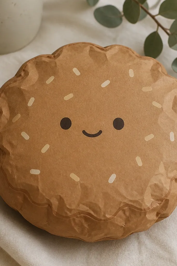 A brown paper squishy shaped like a cookie with slightly wavy edges. The top has a pale beige "sprinkle" pattern and a simple smiling face. The edges look subtly crinkled and darker than the flat center.