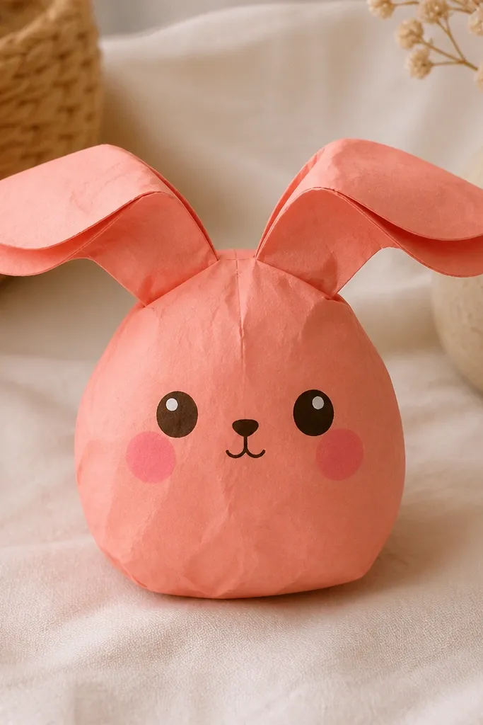 A coral-pink bunny-shaped paper squishy with two long ears that tilt sideways. The face has a tiny nose and two big round eyes, with pink blush on the cheeks. The body is rounded, and the ears look slightly layered with a shadow line.
