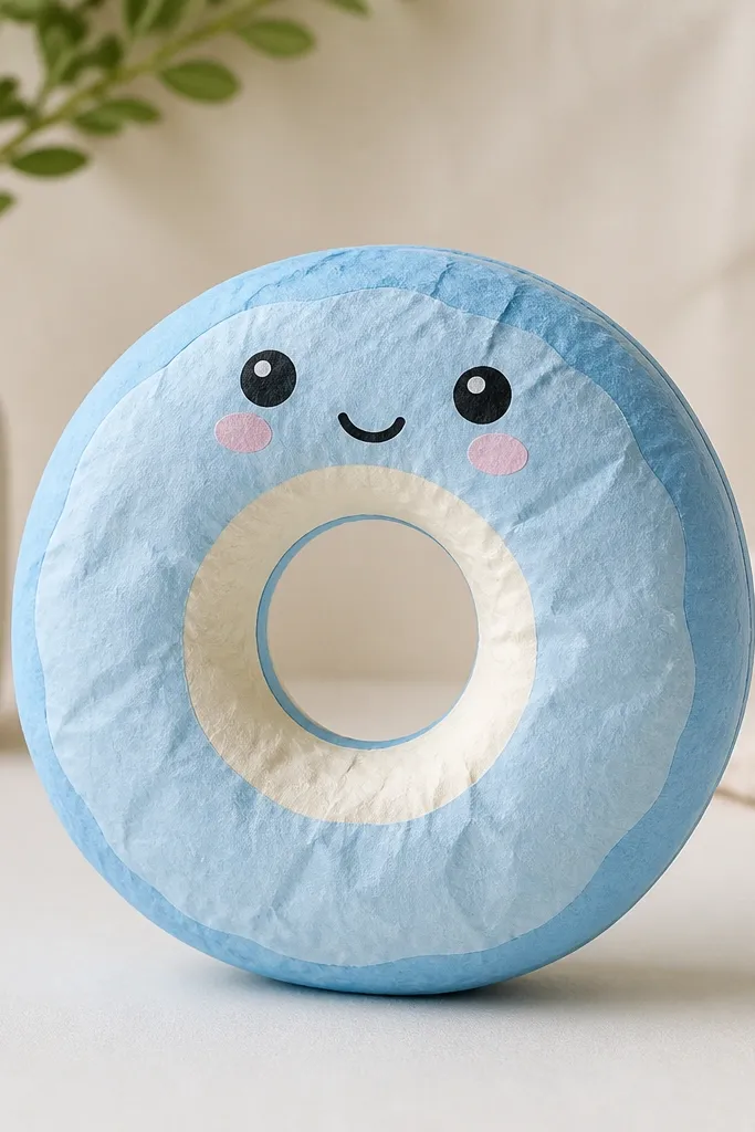 A sky-blue paper squishy donut with a large center hole. The donut has a pale cream inner ring and a darker blue outer ring. The face is drawn on the top front, and the hole shows a neat, clean inner circle rather than a messy fold.